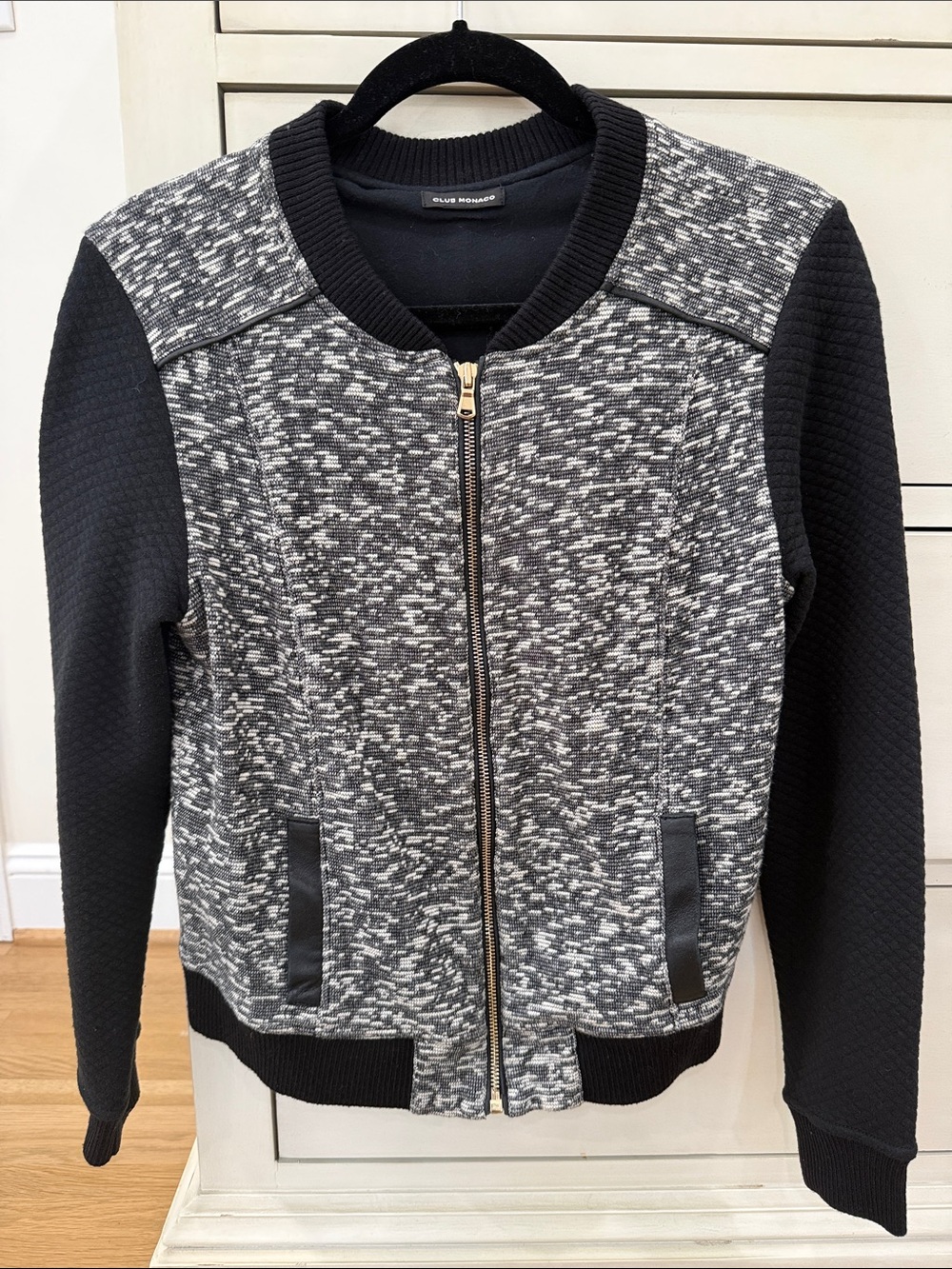 Club Monaco Black and Gray Knit Bomber Jacket with Textured Sleeves size medium